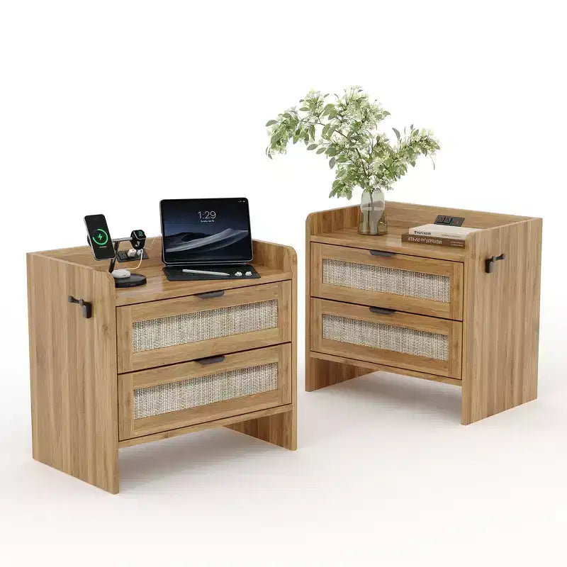 Rattan Nightstand Set of 2 with Type-C Charging Station and 2 Drawers