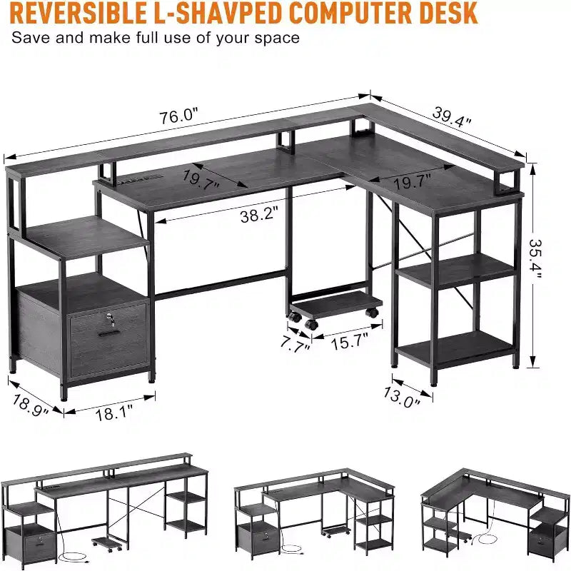 76 Grey L-Shaped Desk with Power Outlet, USB & Type-C Ports, Drawer, Monitor Shelf, Computer Desk for Home Office