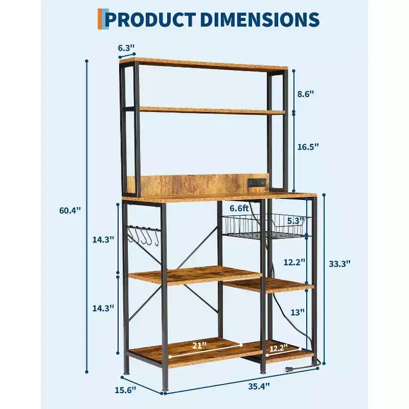 Kitchen Bakers Rack Rustic Brown Storage Shelf with Power Outlet,4-Tier Microwave Stand & Coffee Bar Table(Includes 6 S-Hooks for Pots)