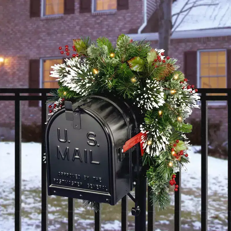 36 Wintry Pine Mailbox Swag with Battery Operated Warm White LED Lights - National Tree Company