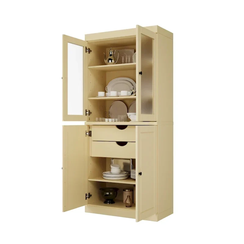 Armoire de rangement 100 % bois massif avec portes en verre dépoli, portes pleines, 2 tiroirs et étagères réglables.
