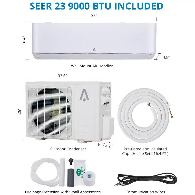 9,000 BTU Mini Split AC/Heating System, Split Air Conditioner & Heater, 23 SEER2 / 115V, Cools Rooms Up to 500 Sq. Ft., White