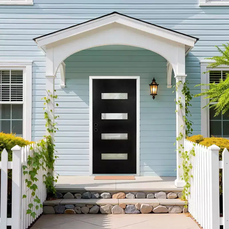 36 x 80 Fiberglass Entry Door with Brickmould, Black Finished Knock-Down Fiberglass Door with White Vinyl Frame