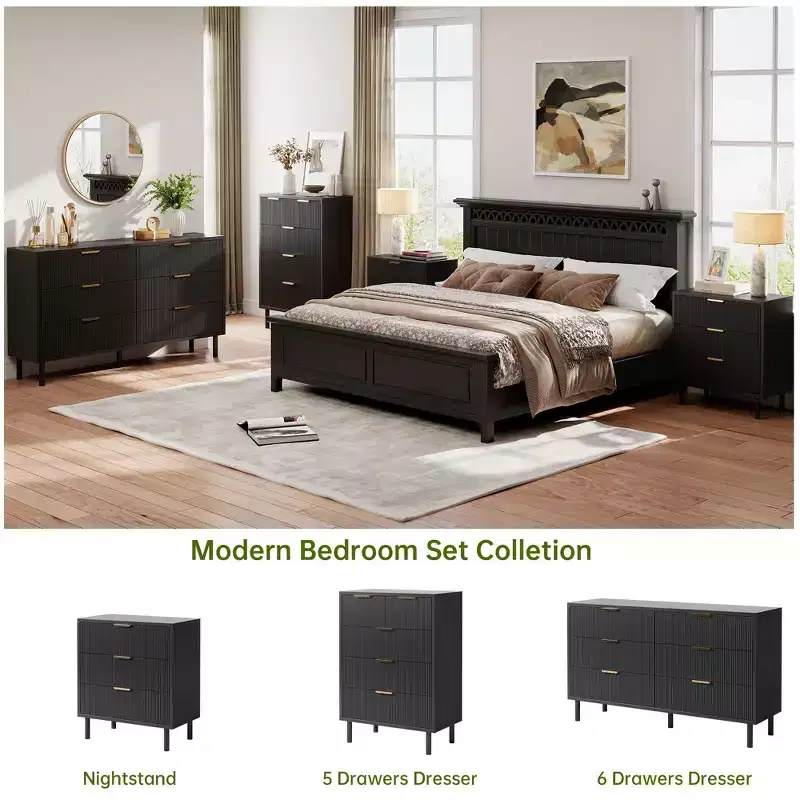 Fluted 3 Drawers Dresser, 2pcs Wood Chest of Drawers, Storage Dresser Chest with Metal Legs and Anti-Tipping Device for Bedroom Living Room, Black