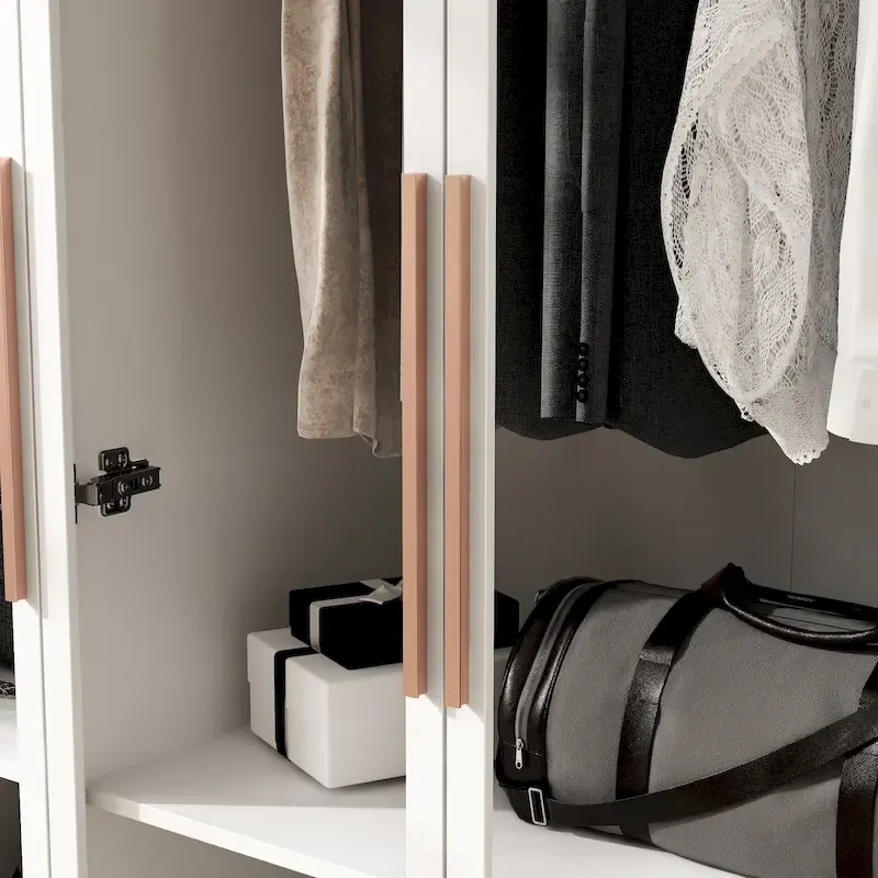 Armoire de rangement avec éclairage LED et portes entièrement vitrées, style dressing.