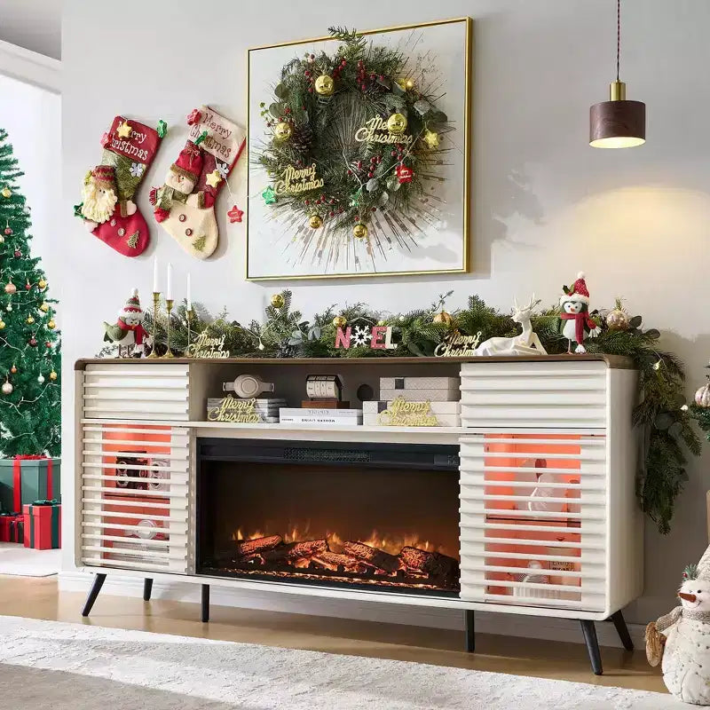 SinCiDo 70 Fireplace TV Stand, for 80 TV, w/ 36 Electric Fireplace, Remote Control, 3D Types of Flames & LED Lights, Slatted Sliding Doors,Drawers