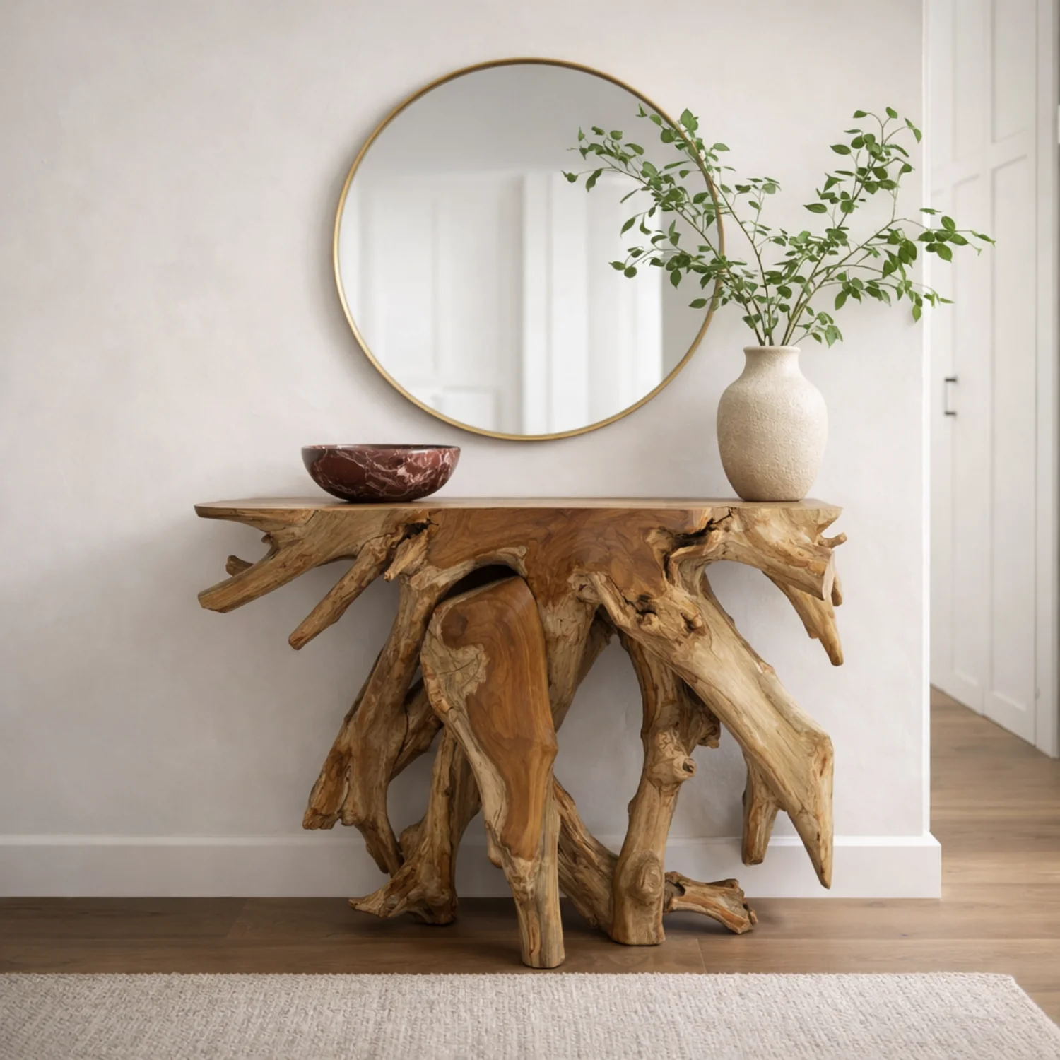 Organic Teak Console Table with Sculptural - Entryway