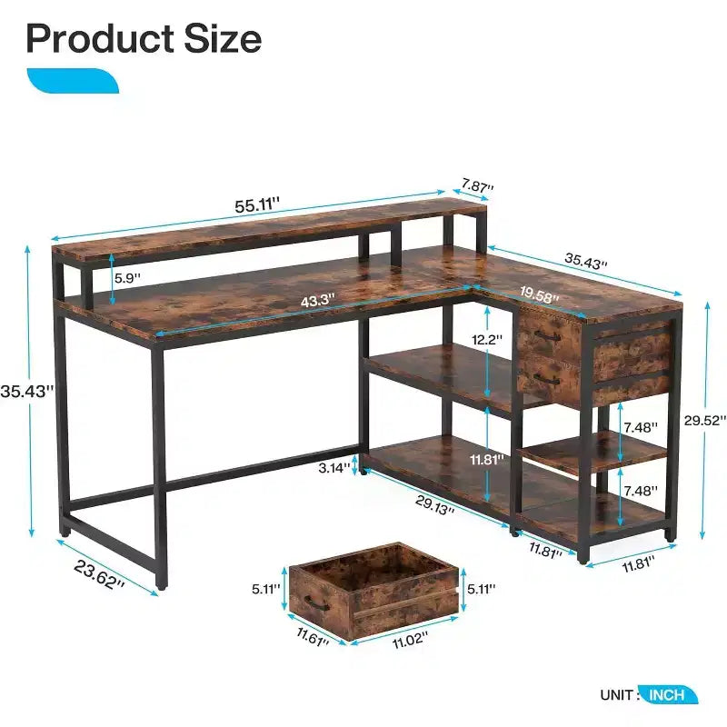Lantine L-Shaped Desk with Drawers and Storage Shelves, 55 x 24 Inch Corner Computer Table with Monitor Stand for Home Office and Gaming, Small Space