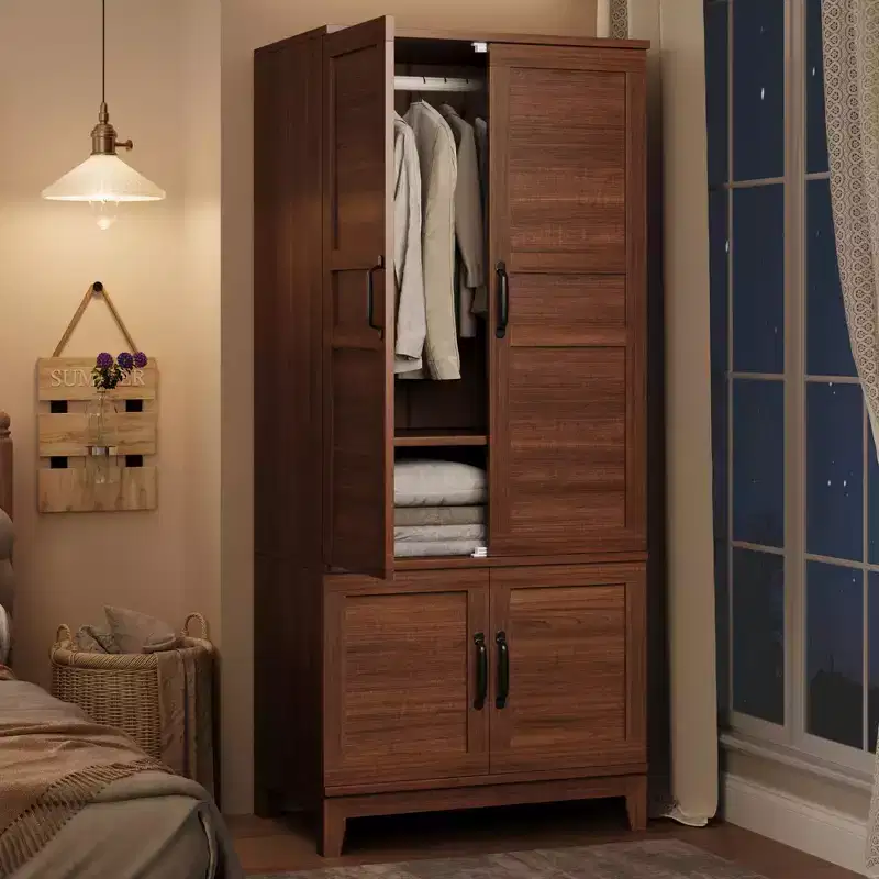 72 Freestanding Wooden Armoire,4-Door Wardrobe Closet with Hanging Rod & 18 Adjustable Shelves, Tall Storage Cabinet for Bedroom