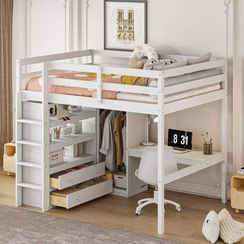 Clihome Wood Full Size Loft Bed with Built-in Wardrobe, Desk, Storage Shelves and Drawers