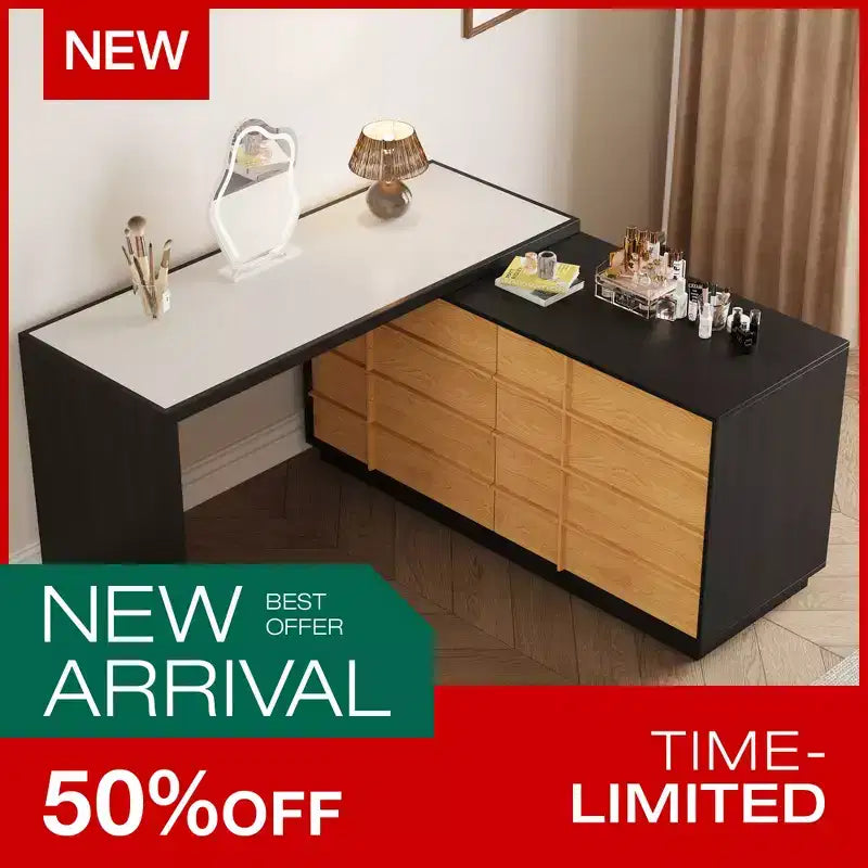 Luck Live Modern Extendable Rotating L-Shaped Vanity Table with 6 Drawers, Reversible Makeup Vanity for Bedroom