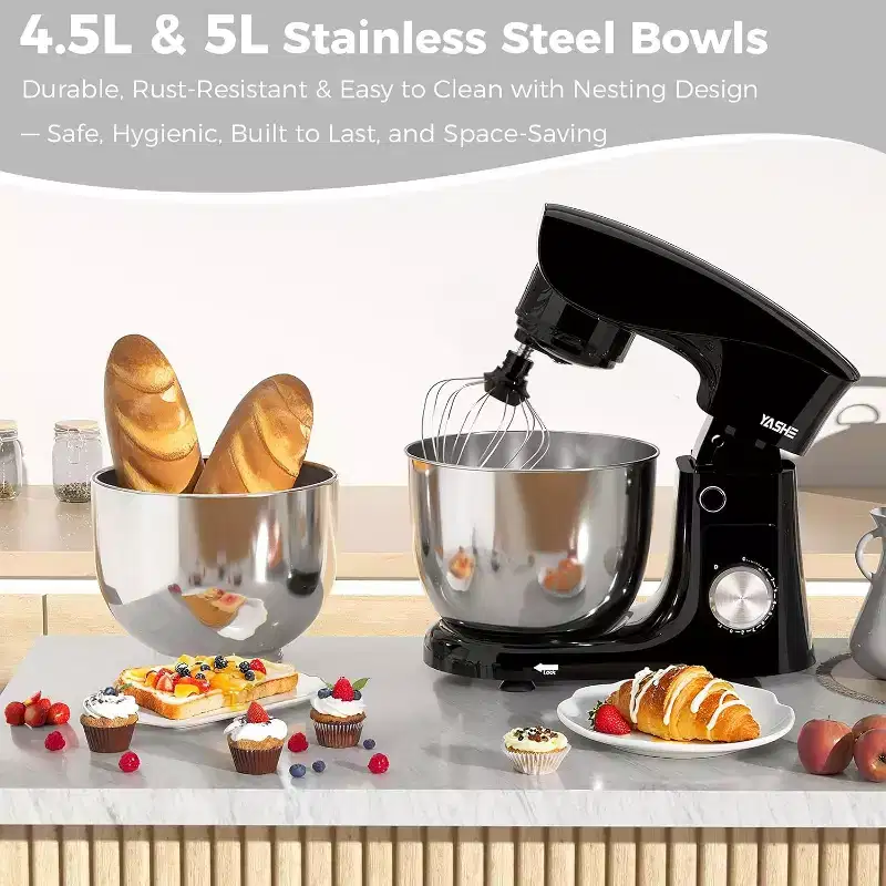 YASHE Stand Mixer, 4.5+5L Dual Bowl Tilt-Head Food Mixer with 10+P Speeds, Dough Hook, Beater & Whisk, Dishwasher-Safe for Baking
