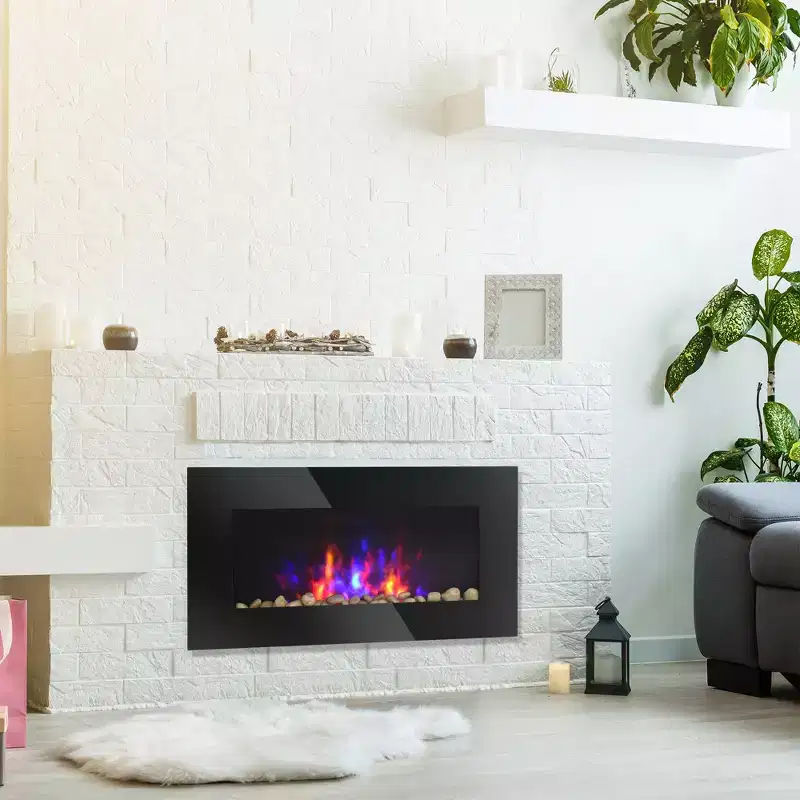 HOMCOM 28.5 1500W Electric Wall-Mounted Fireplace with Flame Effect 7 Color Background Light and Side Light
