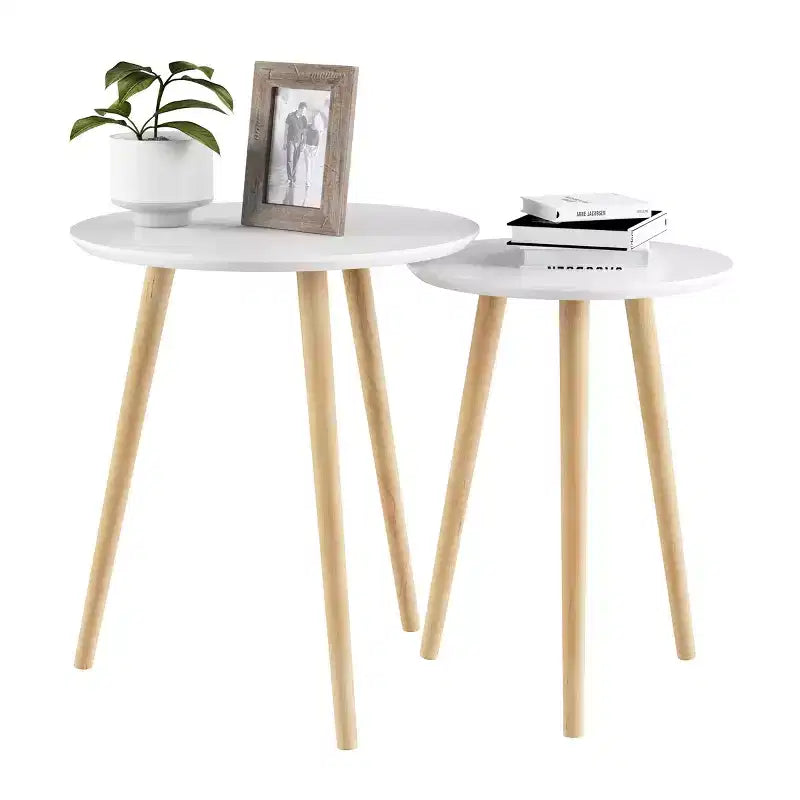 Hasting Home Set of 2 Nesting Side Tables, Round End Tables for Living Room or Bedroom, Mid-Century Modern Living Room Furniture, White/Natural