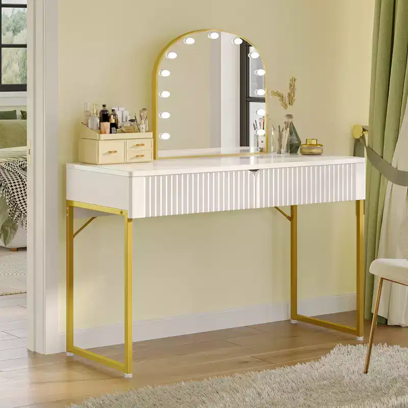 47'' Elegant Fluted Computer Desk, Modern White Makeup Vanity Table & Study Writing Desk with Gold Metal Frame for Bedroom, Office, White