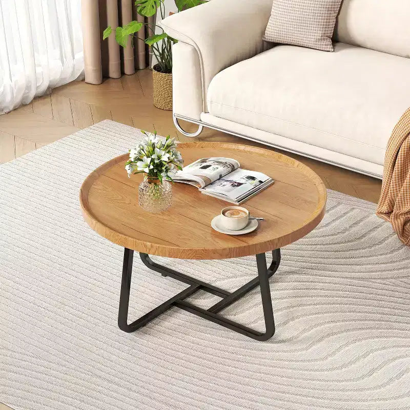 Round Nesting Coffee Table Set of 2, Tea Table for Small Spaces, Circle Wood Center Table with Fluted, Mid Century Modern Coffee Tables