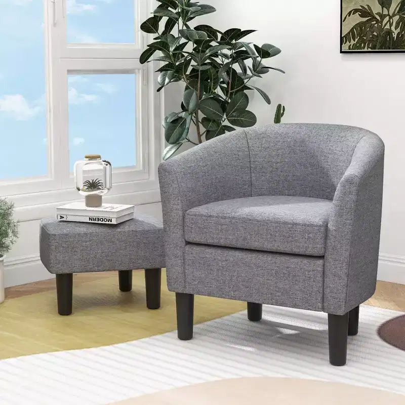 Costway Barrel Club Chair with Ottoman Set Footrest Curved Back & Removable Seat Cushion Grey/Beige