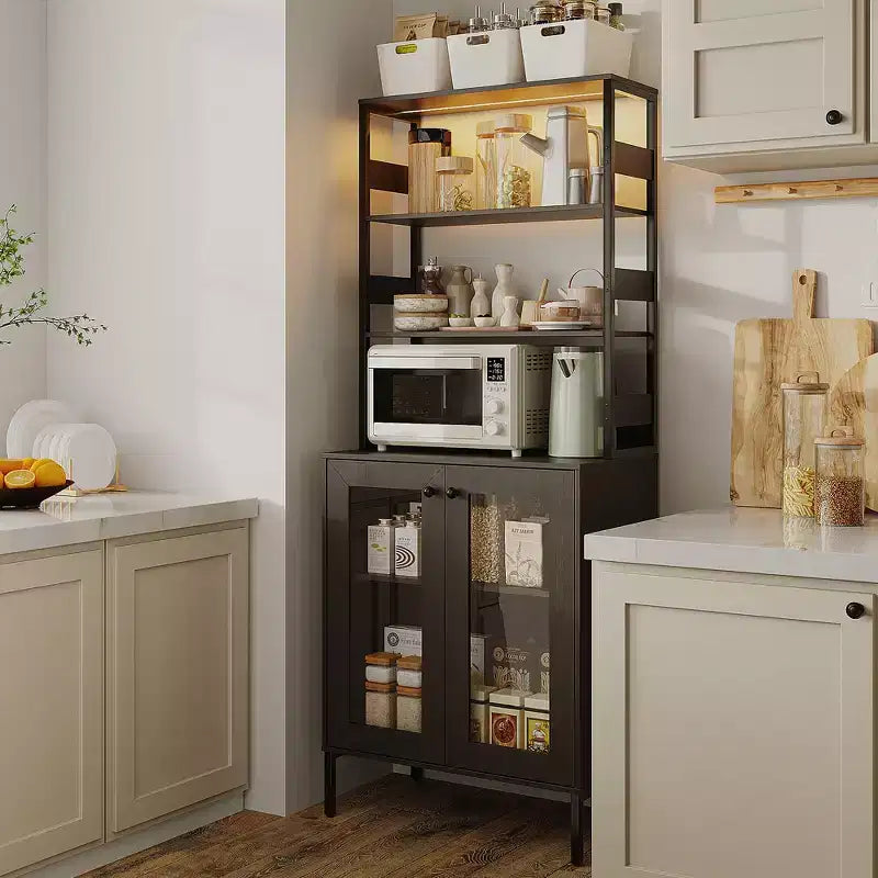 67 Tall Coffee Bar Cabinet with Music-Sync RGB LED Lights & Power Outlet - Kitchen Baker's Rack with Glass Doors & Adjustable Shelves