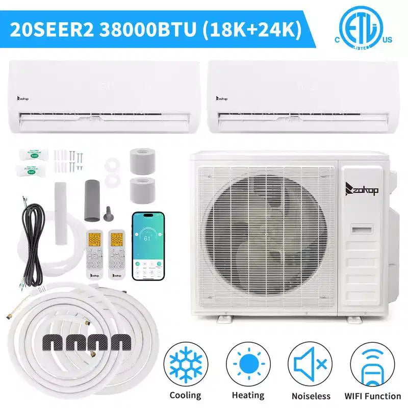 Karl Home 2-Zone 38000 BTU 20 SEER2 Mini Split Air Conditioner with Heat Pump (18K+24K)