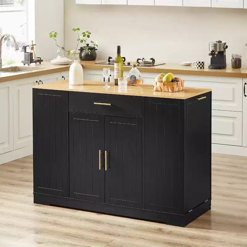 FAMYYT Black Wood Top 53.2 in. Kitchen Island Cart with Hidden Trash Can Cabinet, Adjustable Shelves, and Drawer