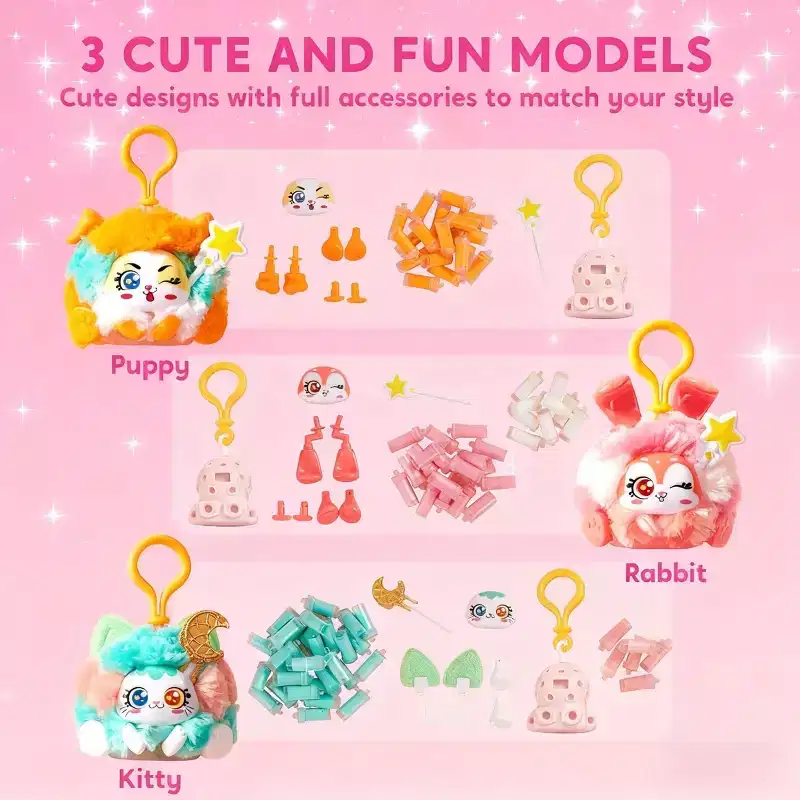 Joyfy Plush Keychain Making Kit with 3 Animal Models, DIY Arts & Crafts, No Tools Needed, Creative Birthday Christmas Gift for Boys & Girls Age 6+