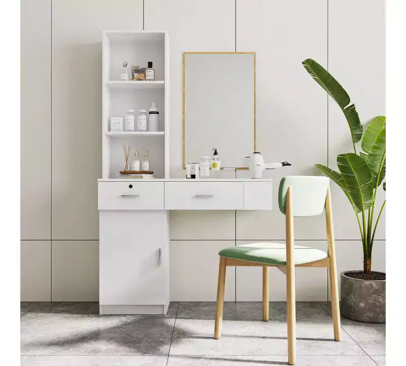 Vanity Table with Lights and Built-In Mirror, Multi-Tier Storage, White