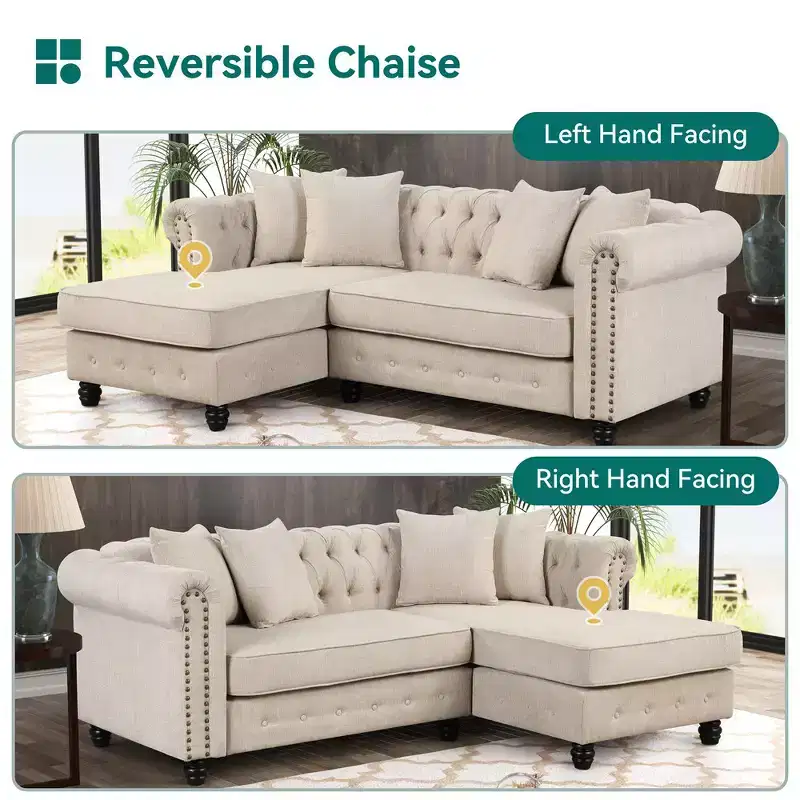 Chesterfield L Shaped Sectional Sofa Couch 3 Seater for Living Room Reversible Chaise 4 Pillows Beige-Morden Fort