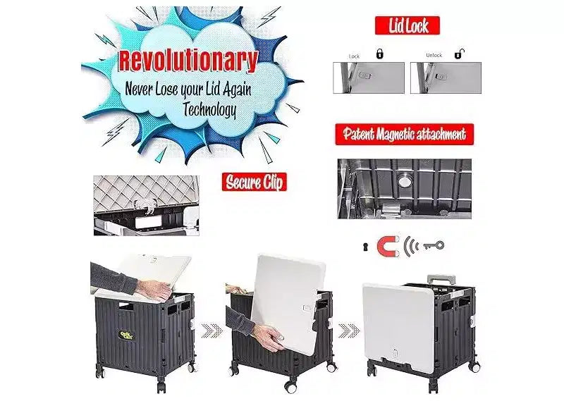 dbest products Quik Cart Swing Lid Four Swivel Wheeled Rolling Crate Utility With Seat Heavy Duty Collapsible Basket with Dual Telescopic Wagon Handle