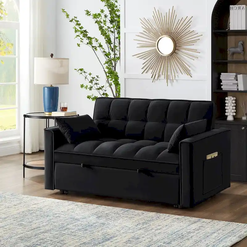 4 in1 Loveseat Sofa Bed with Armrests & Storage Pockets, Multi-Function Tufted Pull-out Sofa Bed with Adjustable Backrest