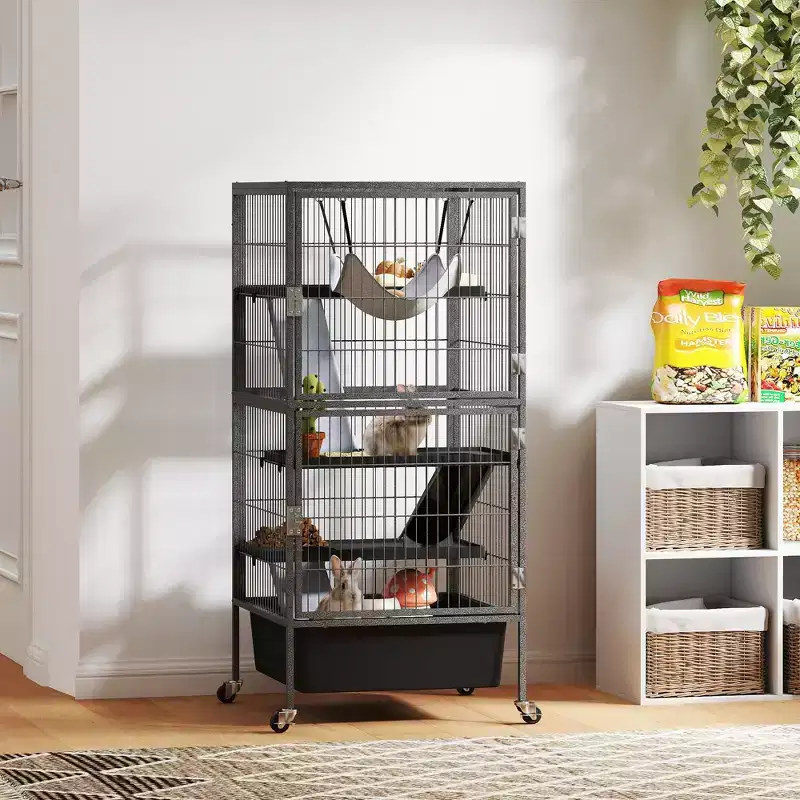 PawHut 45 Small Animal Cage, 4-Tier Rolling Ferret Cage with 6 Deep Slide-Out Tray, Platforms, Hammock, for Rabbit, Ferrets, Chinchillas, Gray