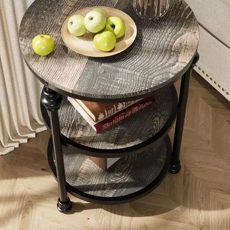 3-Tier Round Side Table – Dark Oak / Retro Color, Metal Frame, 1-Person Use