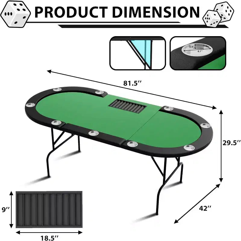 9 Player Foldable Poker Table, Card Board Game Table with Stainless Steel Cup Holders, Casino Grade Felt, Portable Oval Poker Tables