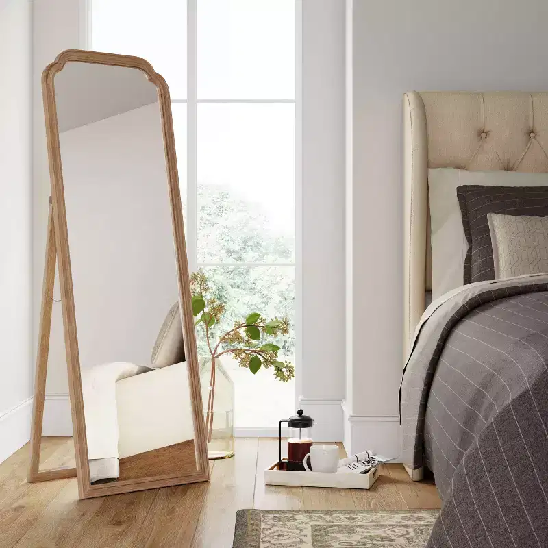 French Country Full-Length Floor Mirror with Easel Back, Brown Wood Frame, 60