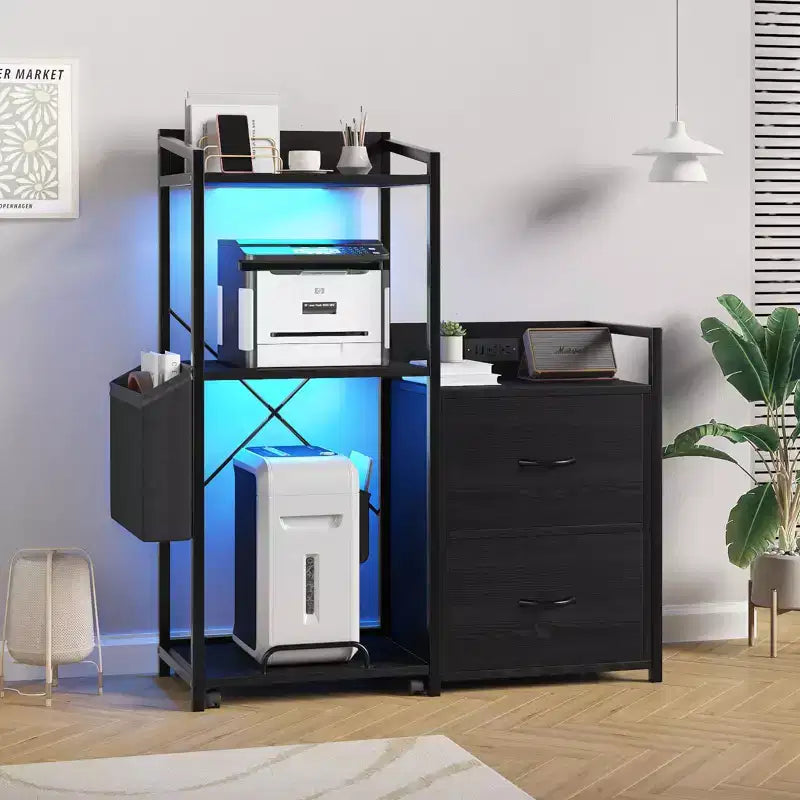 Black / Natural Wood / Retro Brown 2-Drawer Filing Cabinet with Power Strip & RGB LED, Single-User