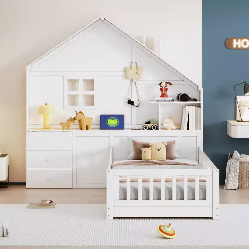 Twin/Full House Bed with Storage Shelves for Kids, Wood Platform Bed with USB Port Sockets Window and Drawers