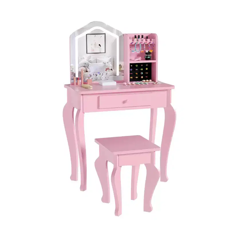 Kids Vanity Table with Lighted Mirror and Stool, Pretend Makeup Dressing Set with Storage for Girls Ages 38