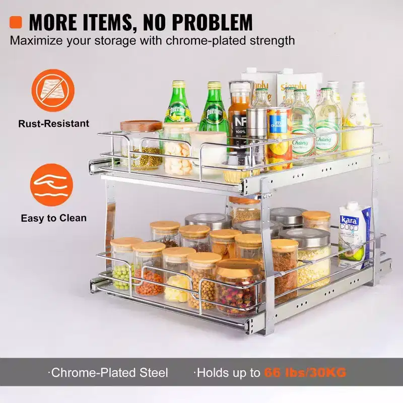 VIYET 2-Tier 20W21D Slide Out Cabinet Shelves, Heavy Duty Chrome Steel Pull Out Drawers, Under Sink/Kitchen/Bathroom
