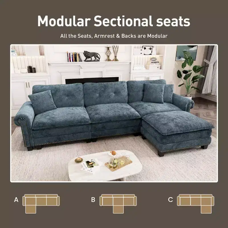 Captiva Designs Upholstered Indoor Sofa with Ottoman, Solid Wood Frame, Pocket Spring Seat & Throw Pillows