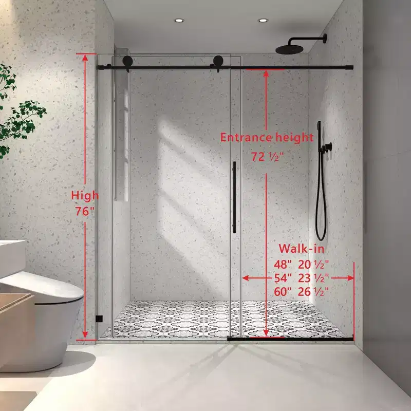 PexFix 76 in.x 60 in. Frameless Single Sliding Shower Door 8mm Tempered Glass With Adjustable Soft Closing Design for Spa Bathroom Matte Black