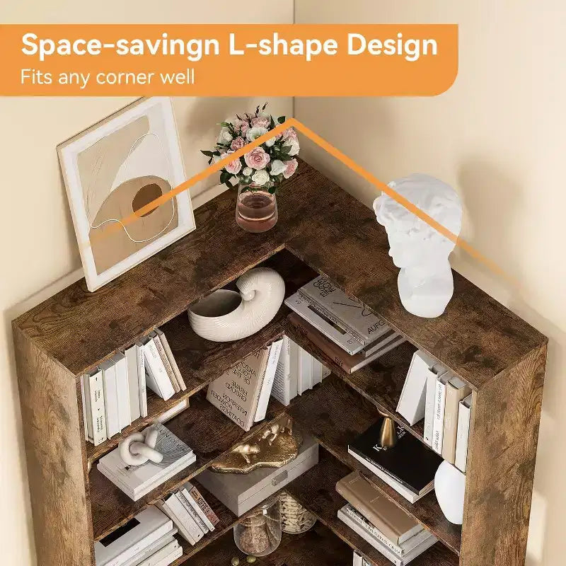 Garvee 6-Tier Corner Bookshelf,L-Shaped Bookshelf with Baffles, Wood Display Shelf Heavy Duty Bookcases for Home Office