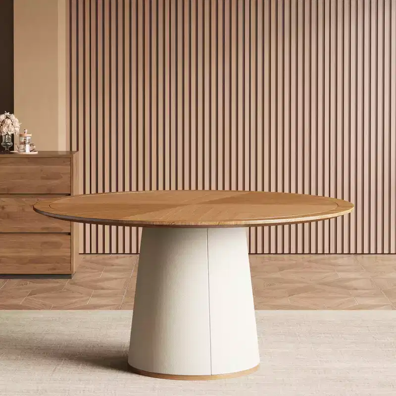 Gaoyangjiaju 59.05 Inch Round Dining Table for Dining Room with Parquet Top and Leather-Upholstered Base