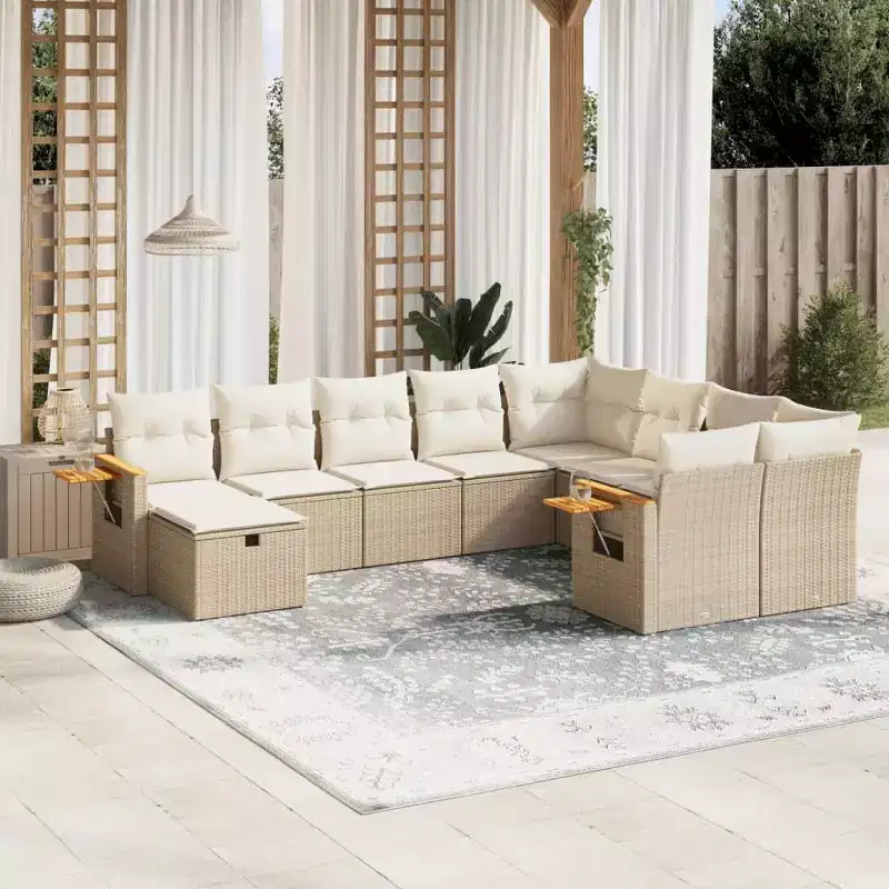 vidaXL 10 Piece Patio Sofa Set with Cushions Beige Poly Rattan