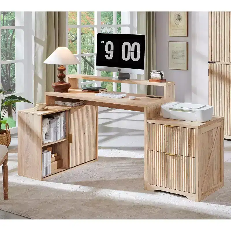 Modern 67 L-Shaped Desk with Storage Cabinet & Drawers, Wood Home Office Desk with Power Outlets, Standing Writing Desk
