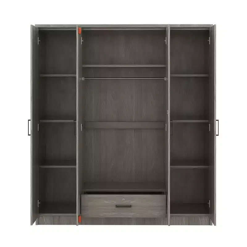 Armoire-penderie en bois à 4 portes avec tringle, 1 tiroir et étagères de rangement