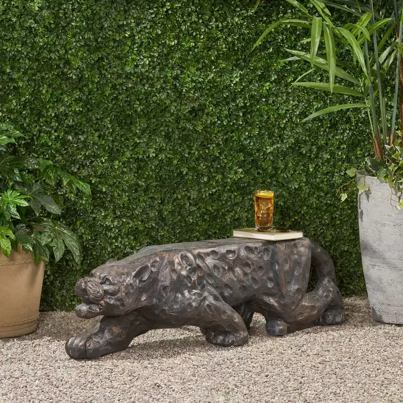 GDFStudio Nolene Outdoor Lightweight Concrete Leopard Bench, Antique Copper