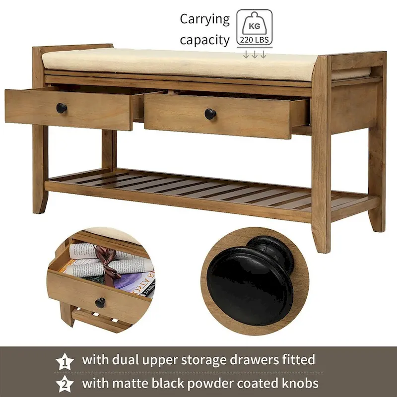 Wooden Storage Bench with Shoe Rack and Drawers