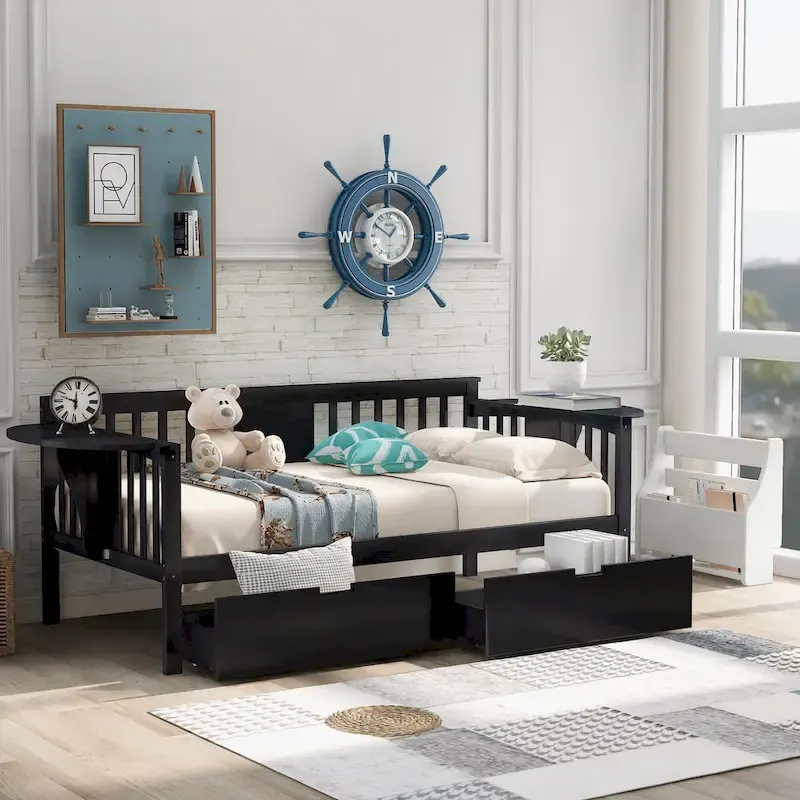 Twin Daybed with 2 Drawers & Foldable Side Tables – Espresso, Pine & MDF, 3-Side Rail, Single
