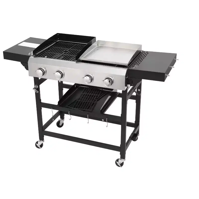 Okak 2+2 Gas Grill with Multiful Use, Outdoor Grill with Botton Shelf and Side Table, Barbecue Grill for Outdoor Cooking, Patio, Picnics, Black+Silver