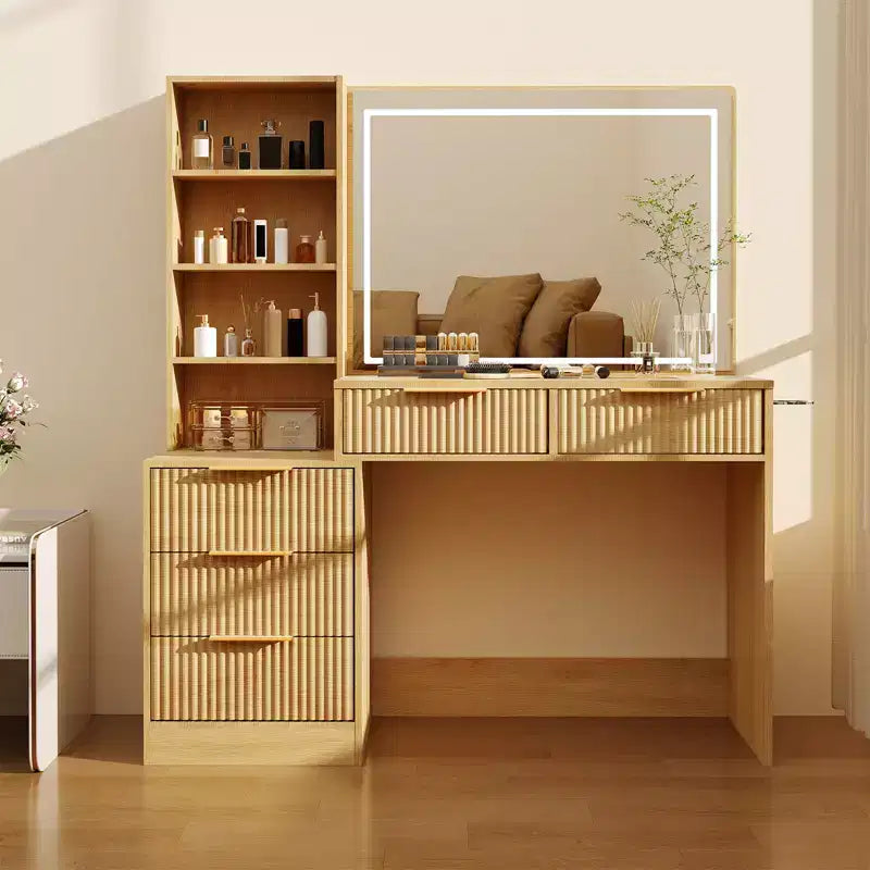 Vanity Table with Power Outlets and USB Ports, Fluted Makeup Desk with 5 Storage Drawers