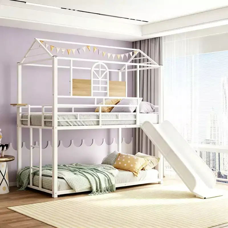 Twin Over Twin Metal House Bunk Bed with Slide and Shelf for Kids' Room